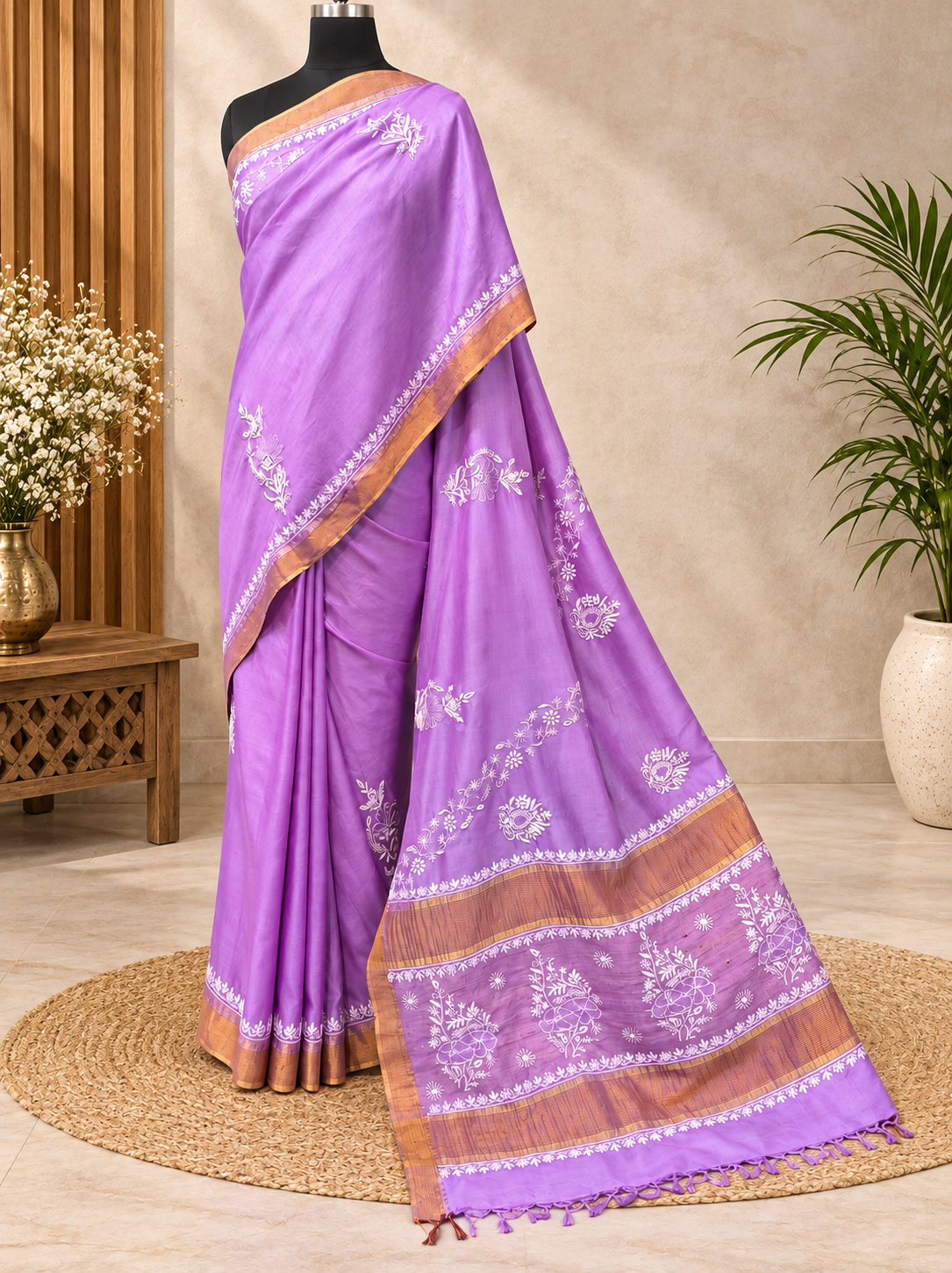 Lavender Pure Tussar Silk Embroidered Saree
