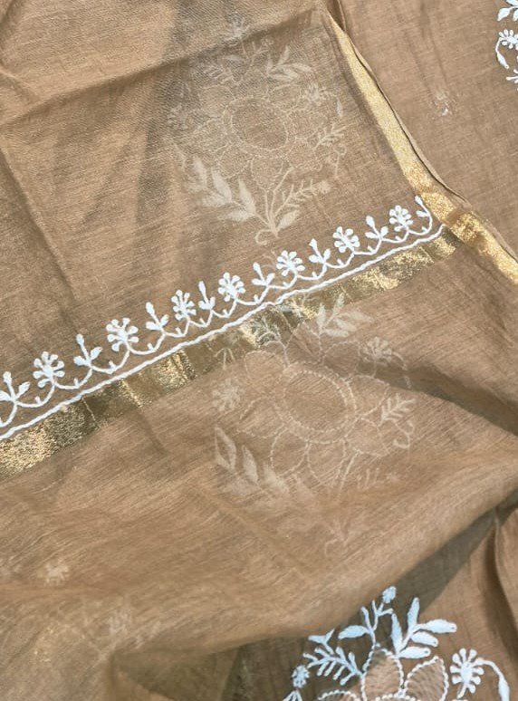 Beige Unstitched Mul Chanderi Embroidered Suit Set image 4