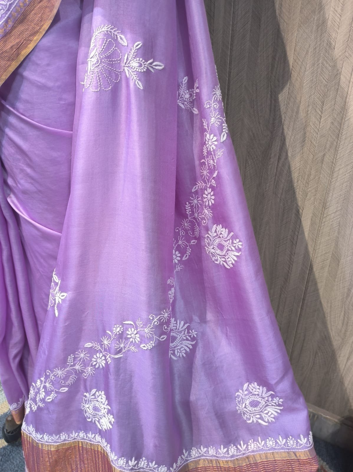 Lavender Pure Tussar Silk Embroidered Saree image 5