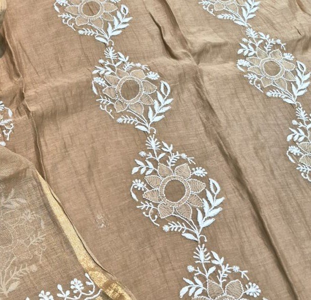 Beige Unstitched Mul Chanderi Embroidered Suit Set image 2