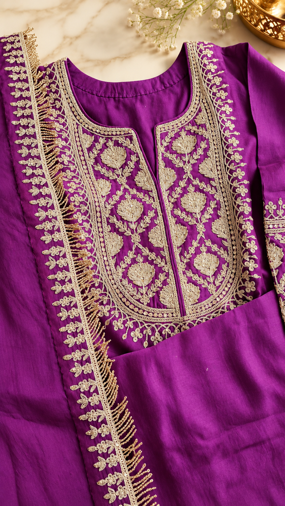 Royal Purple Pure Chanderi Silk Suit Set with Organza Dupatta image 6