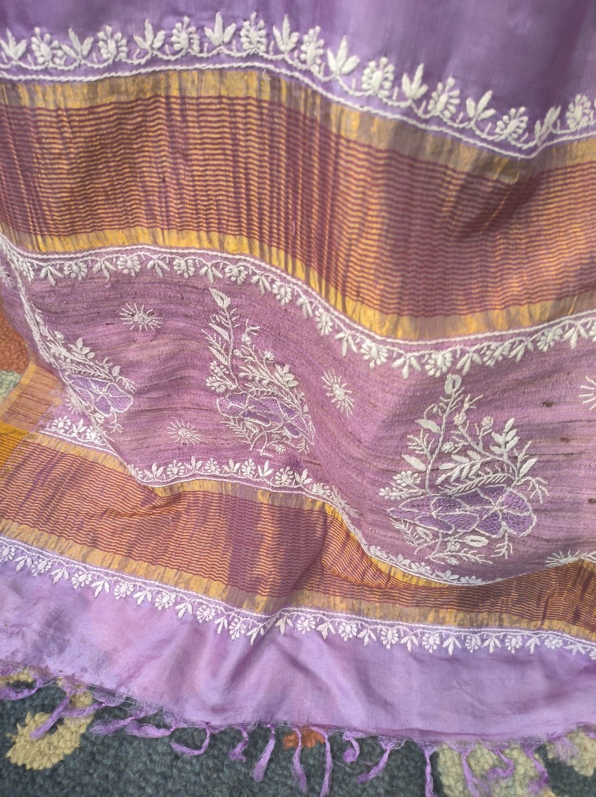 Lavender Pure Tussar Silk Embroidered Saree image 2