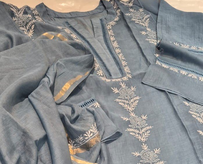 Dusty Blue Mul Chanderi Kurta Dupatta Set with Shantoon Bottom image 4