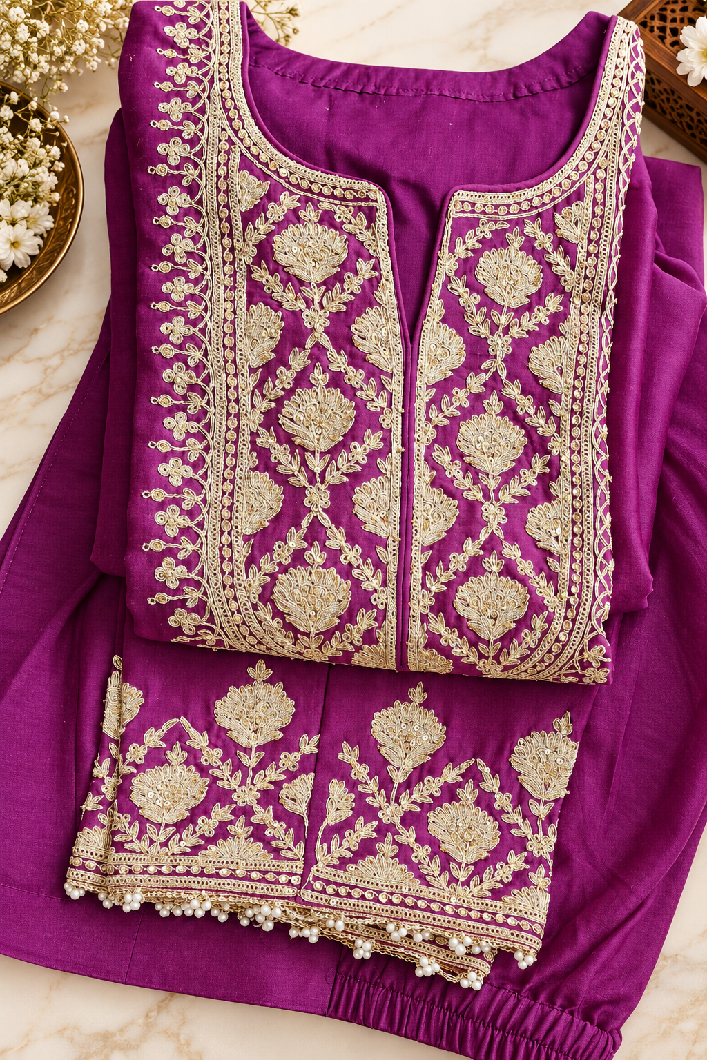 Royal Purple Pure Chanderi Silk Suit Set with Organza Dupatta image 4