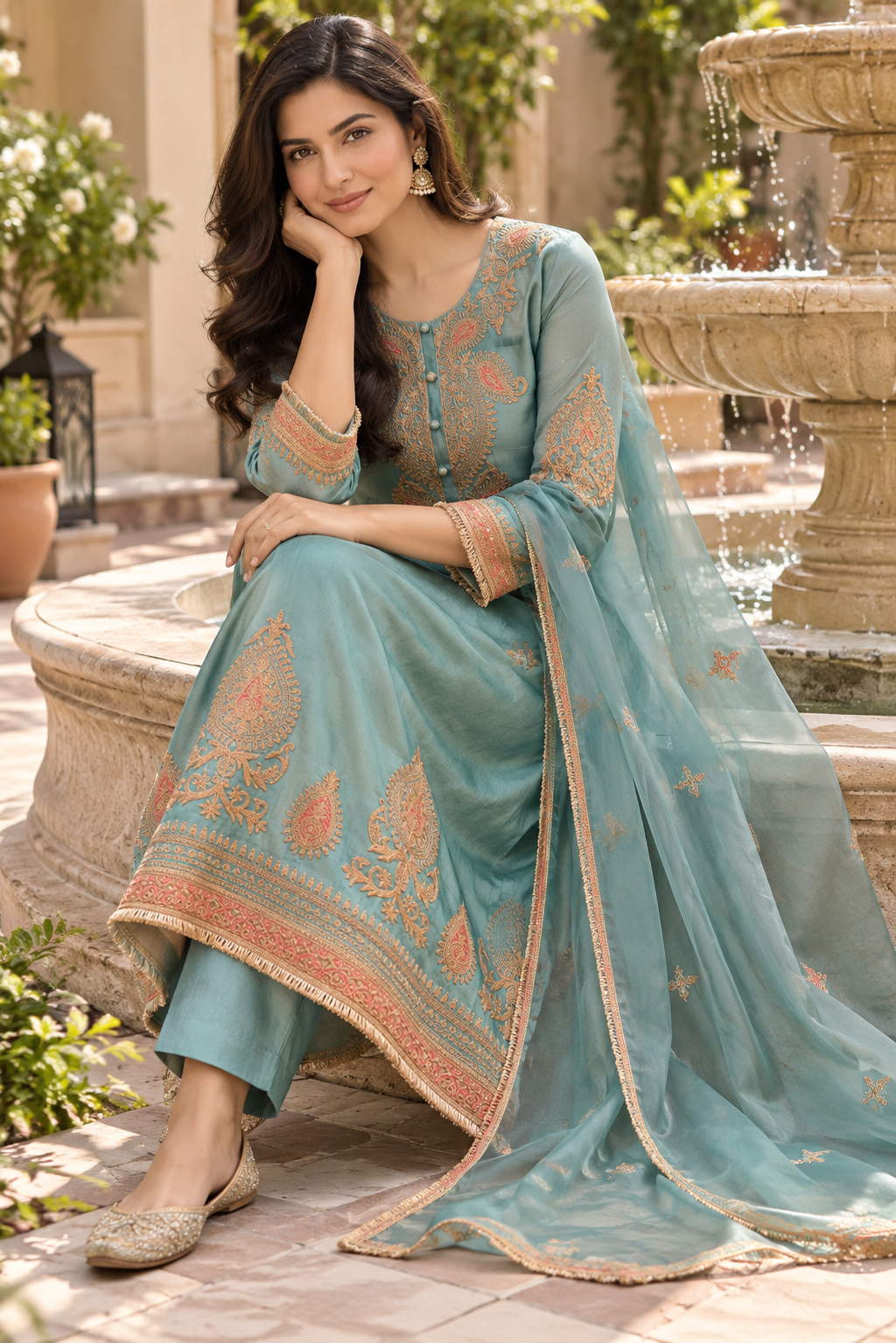 Aqua Blue Pure Chanderi Suit Set with Organza Dupatta
