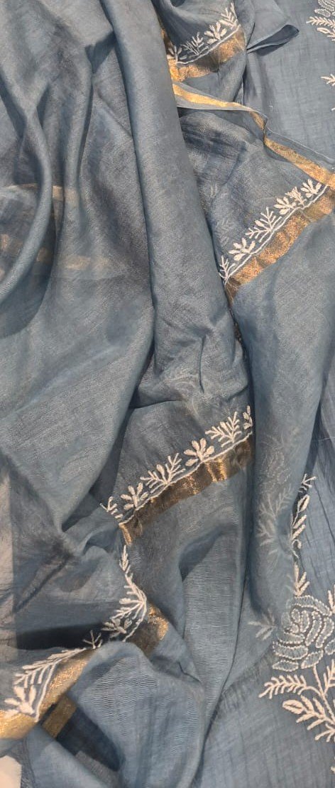 Dusty Blue Mul Chanderi Kurta Dupatta Set with Shantoon Bottom image 2