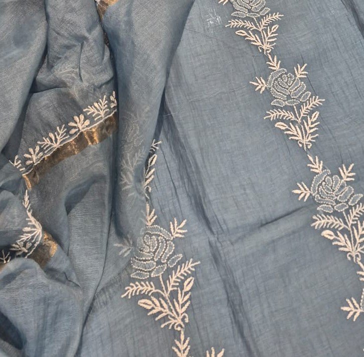 Dusty Blue Mul Chanderi Kurta Dupatta Set with Shantoon Bottom image 3