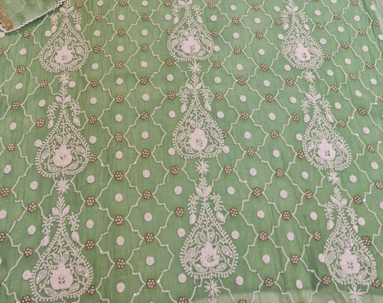 Mint Green Mul Chanderi Suit Set with Heavy Pearl & Cutdana Work image 5