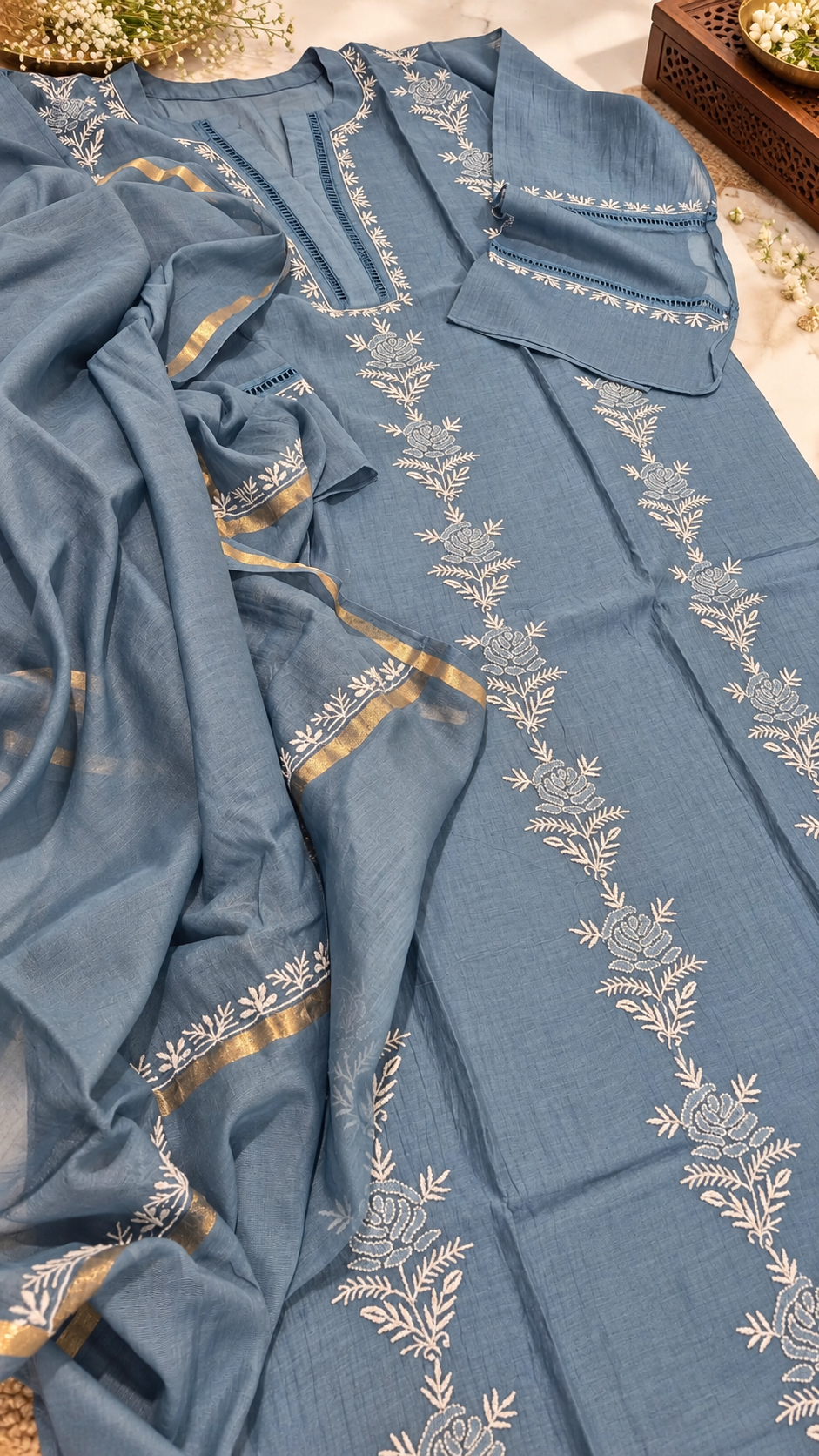 Dusty Blue Mul Chanderi Kurta Dupatta Set with Shantoon Bottom