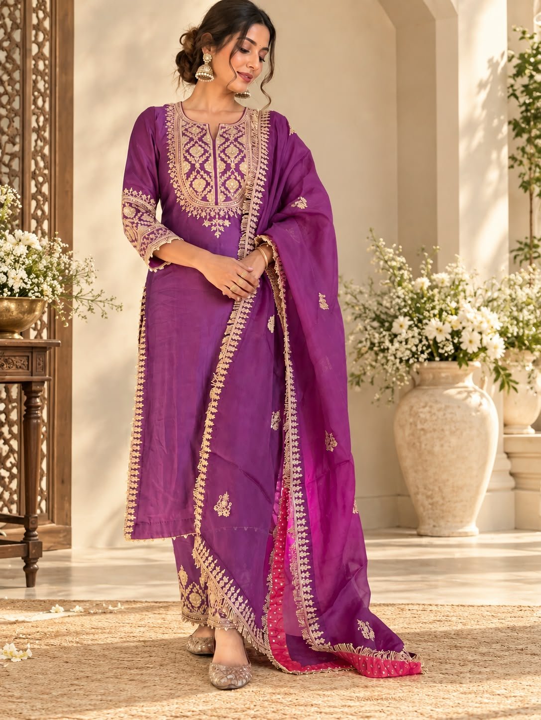 Royal Purple Pure Chanderi Silk Suit Set with Organza Dupatta