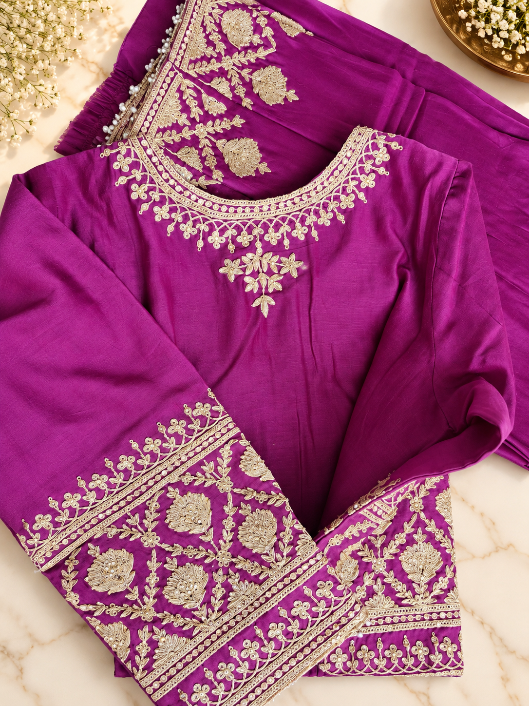 Royal Purple Pure Chanderi Silk Suit Set with Organza Dupatta image 5