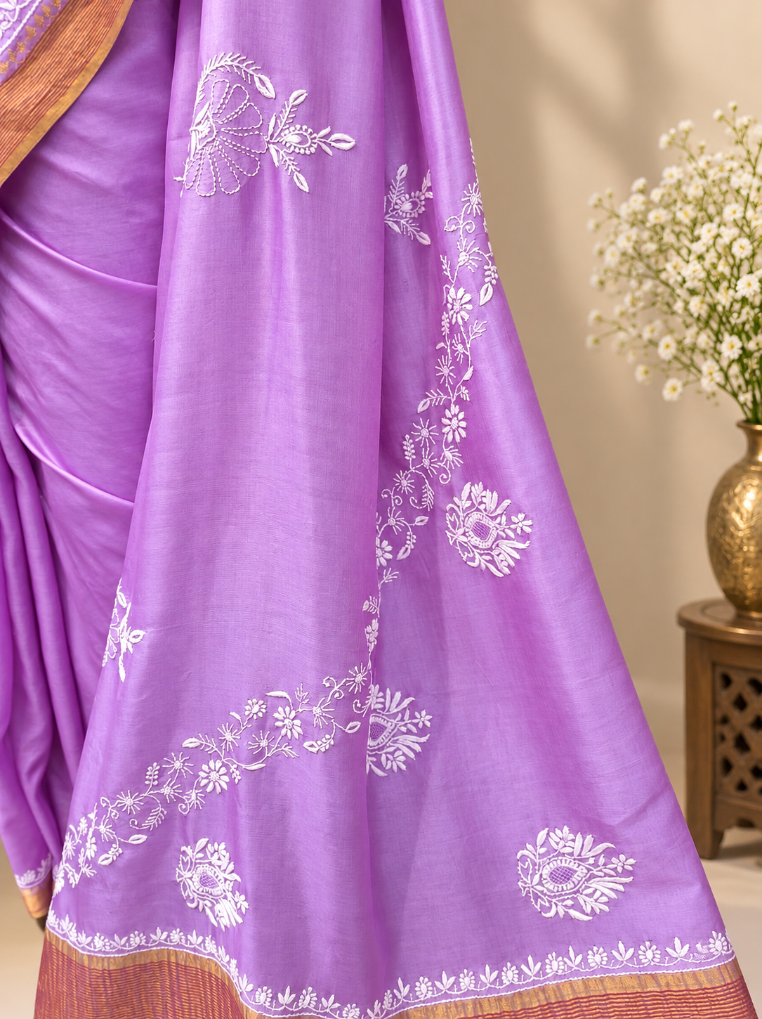 Lavender Pure Tussar Silk Embroidered Saree image 3