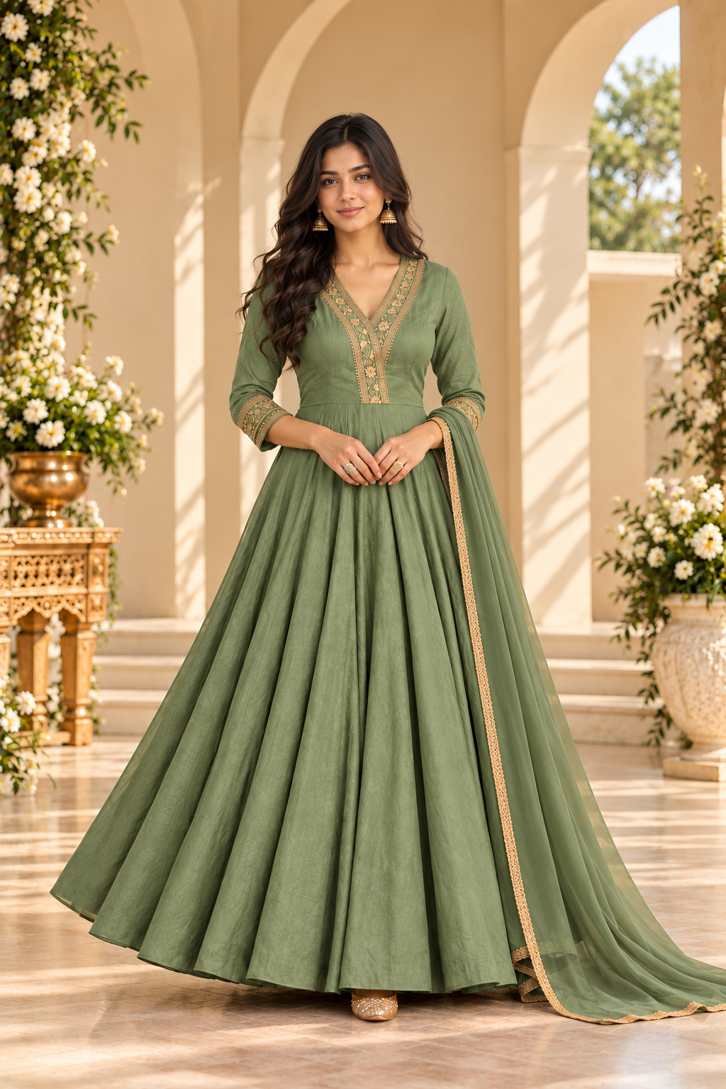 Sage Green Mul Chanderi Anarkali
