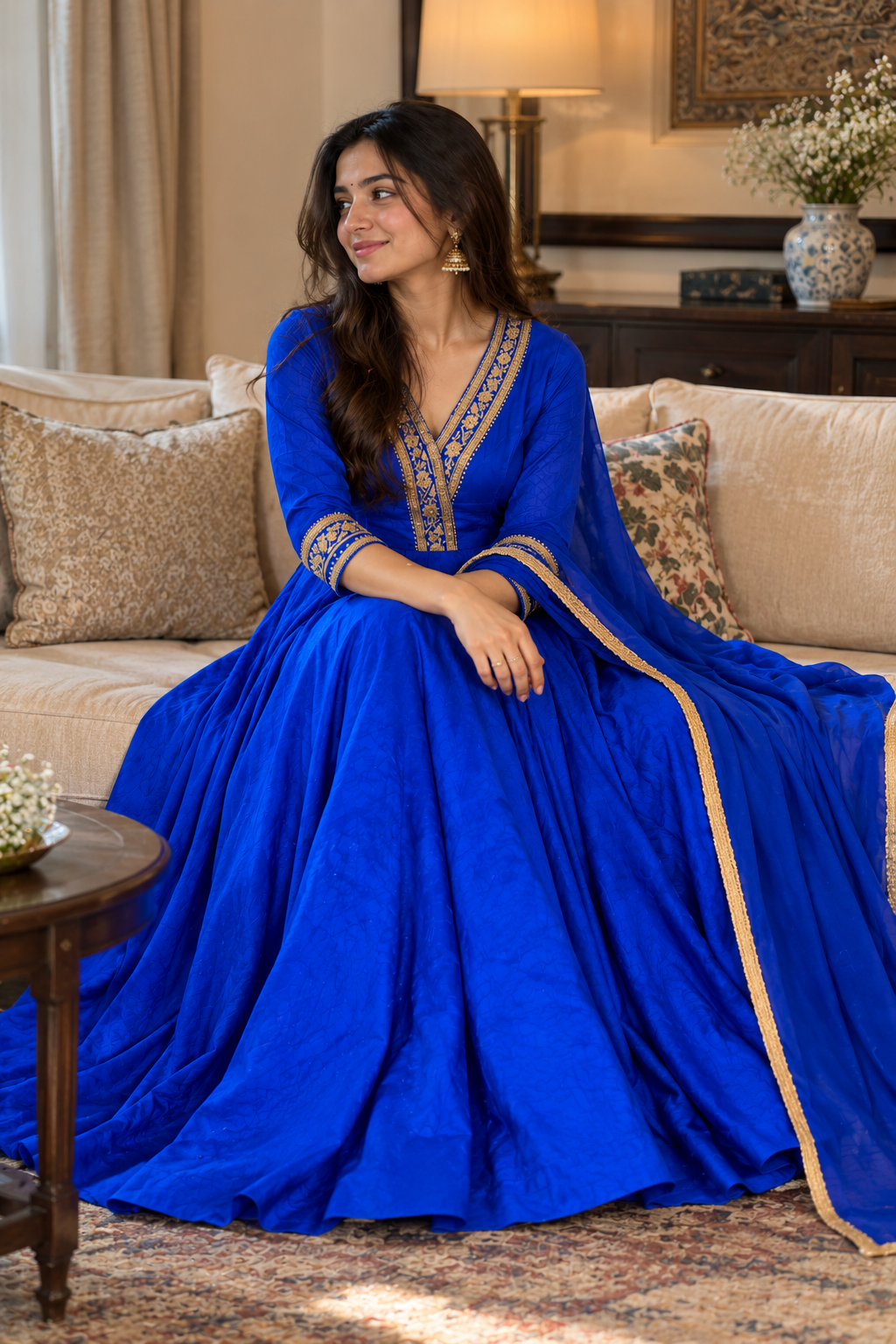 Electric Blue Mul Chanderi Anarkali
