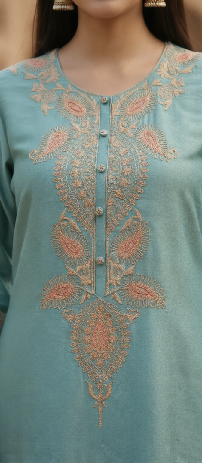Aqua Blue Pure Chanderi Suit Set with Organza Dupatta image 3