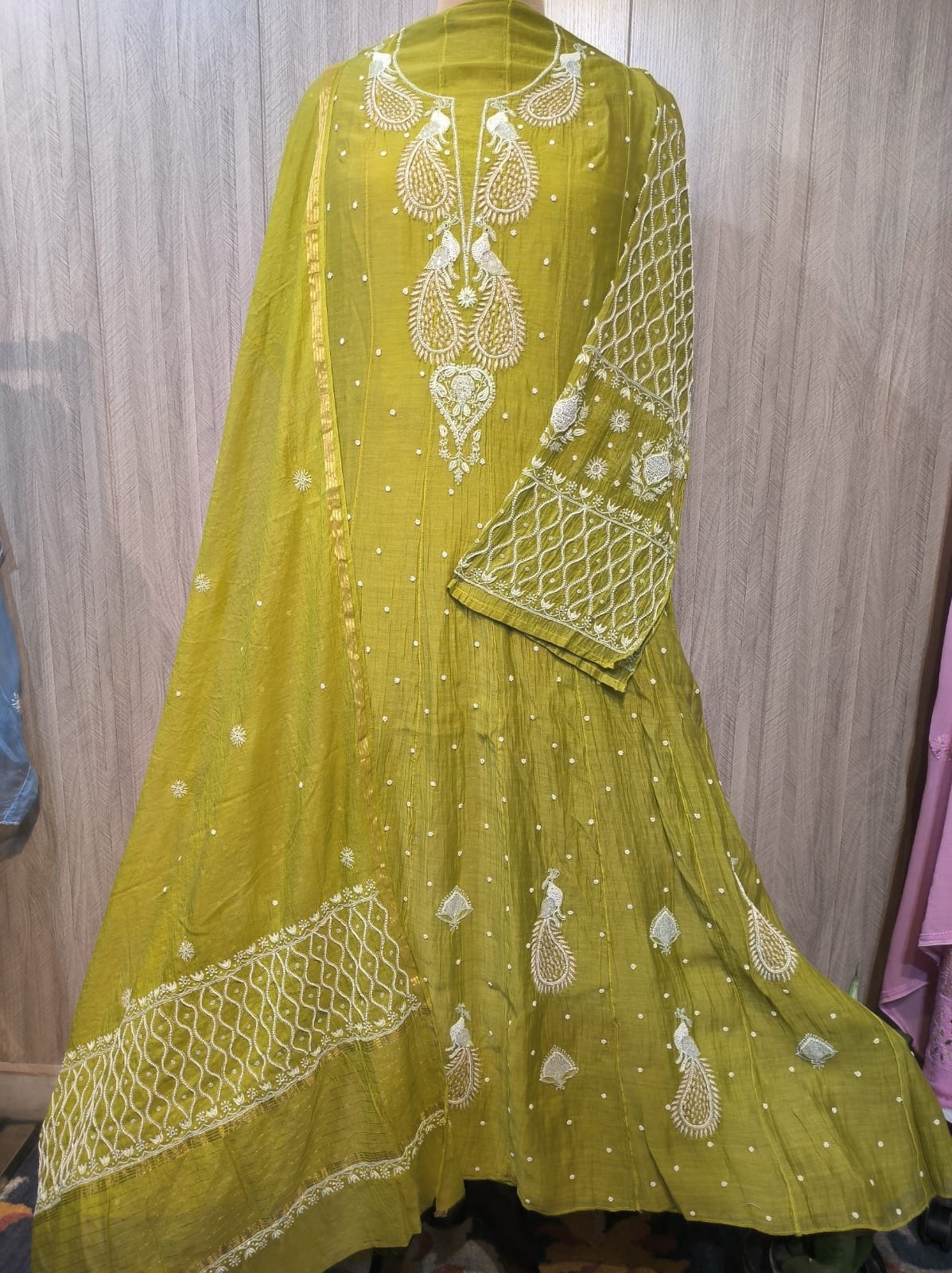 Mul Chanderi Anarkali-Lime Green(Semi-Stitched) image 5