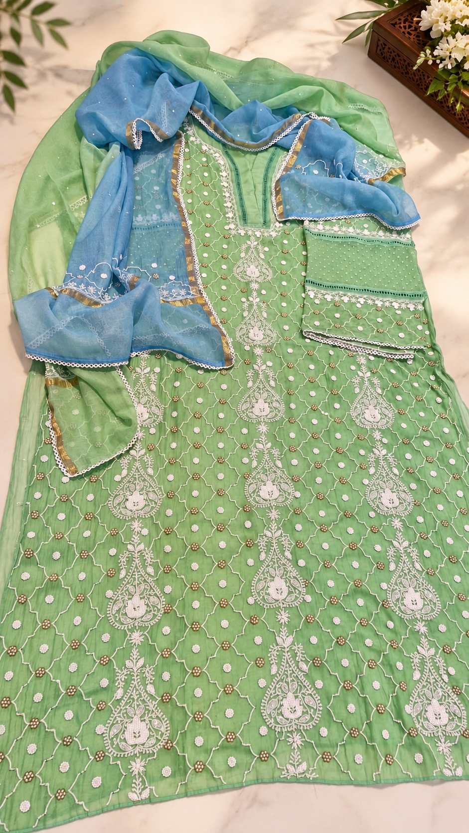 Mint Green Mul Chanderi Suit Set with Heavy Pearl & Cutdana Work