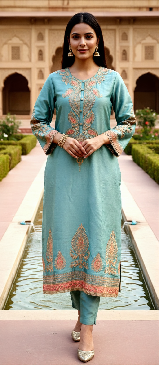 Aqua Blue Pure Chanderi Suit Set with Organza Dupatta image 2
