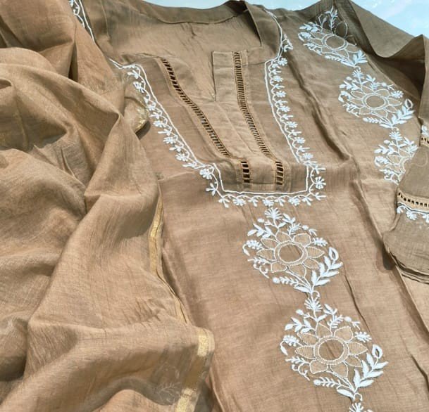 Beige Unstitched Mul Chanderi Embroidered Suit Set image 3