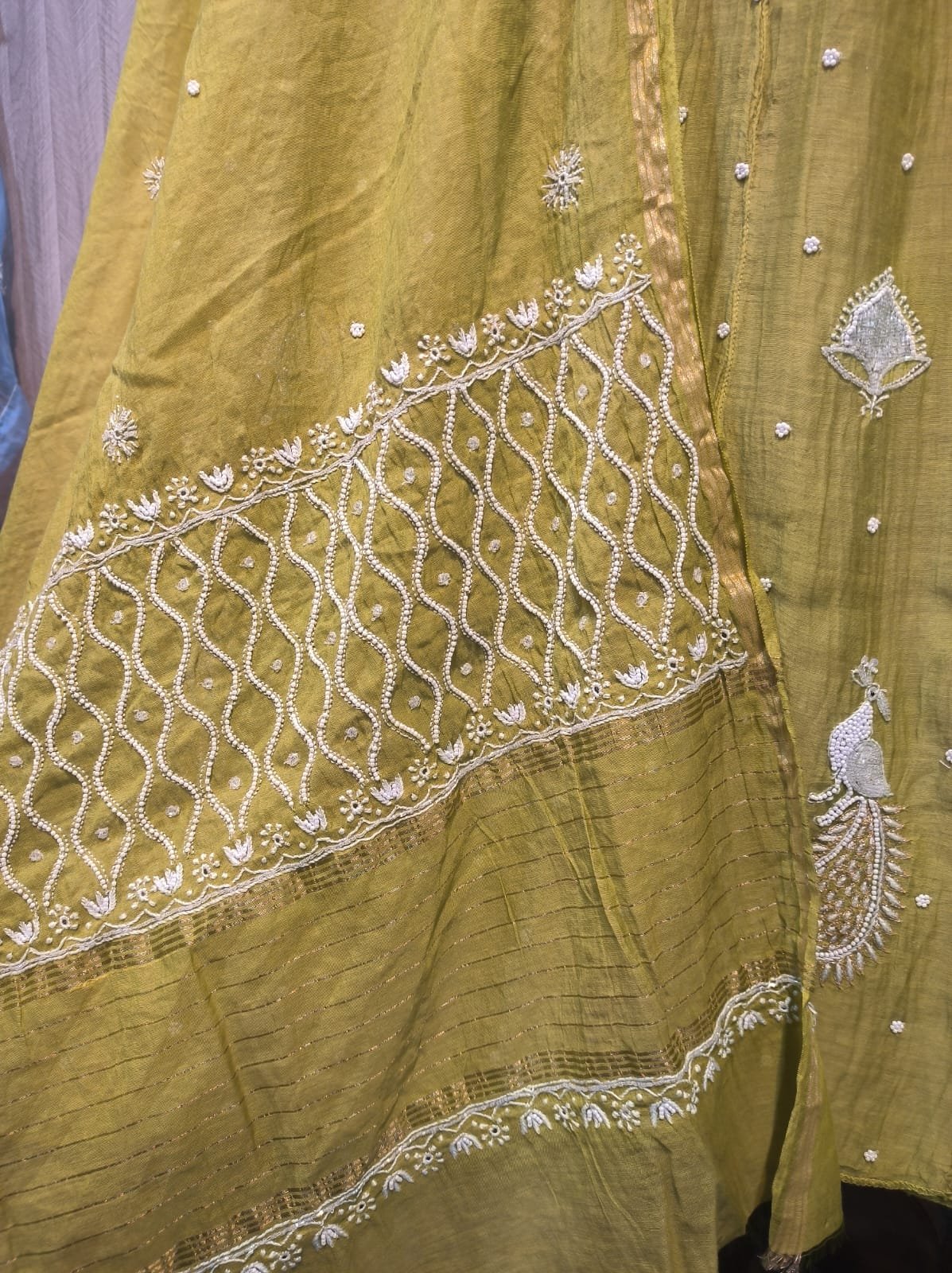 Mul Chanderi Anarkali-Lime Green(Semi-Stitched) image 2