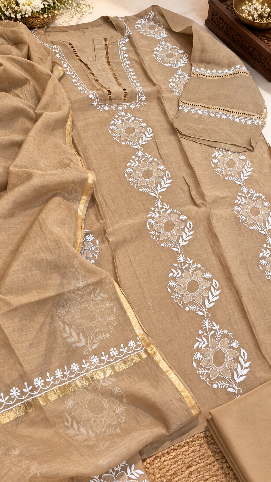 Beige Unstitched Mul Chanderi Embroidered Suit Set
