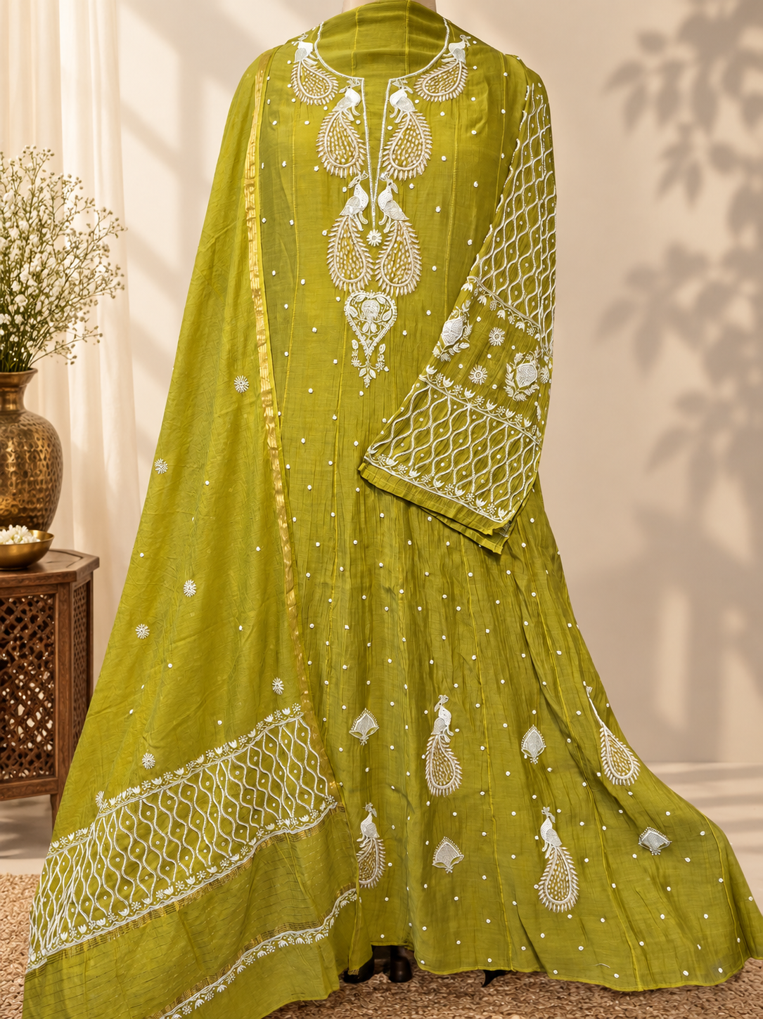 Mul Chanderi Anarkali-Lime Green(Semi-Stitched)