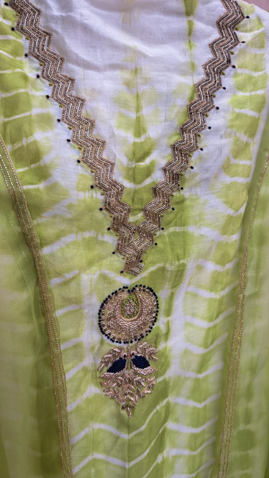 Sitara -- lime Green Shibori Pure Chanderi Ensemble image 5