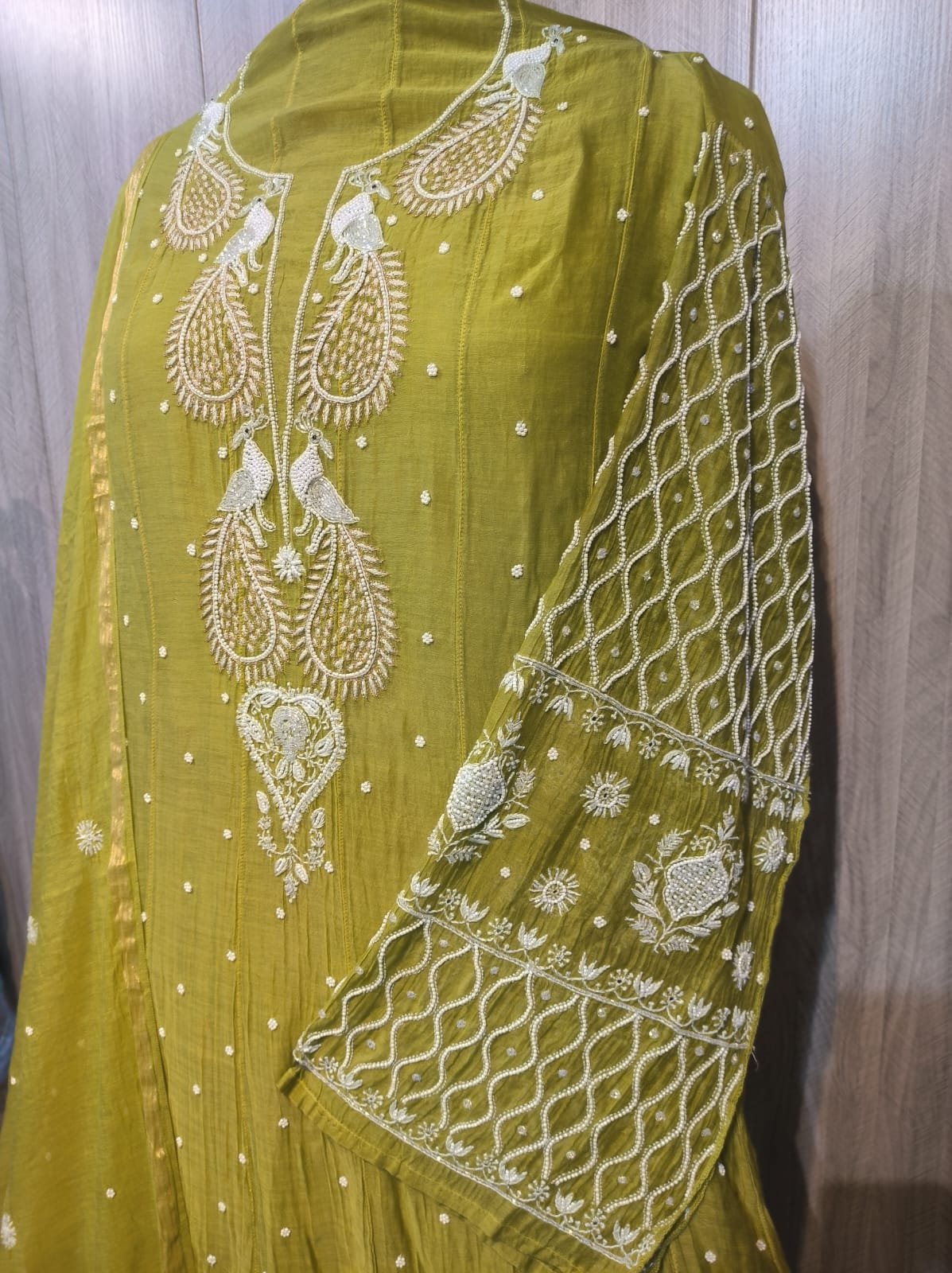 Mul Chanderi Anarkali-Lime Green(Semi-Stitched) image 3